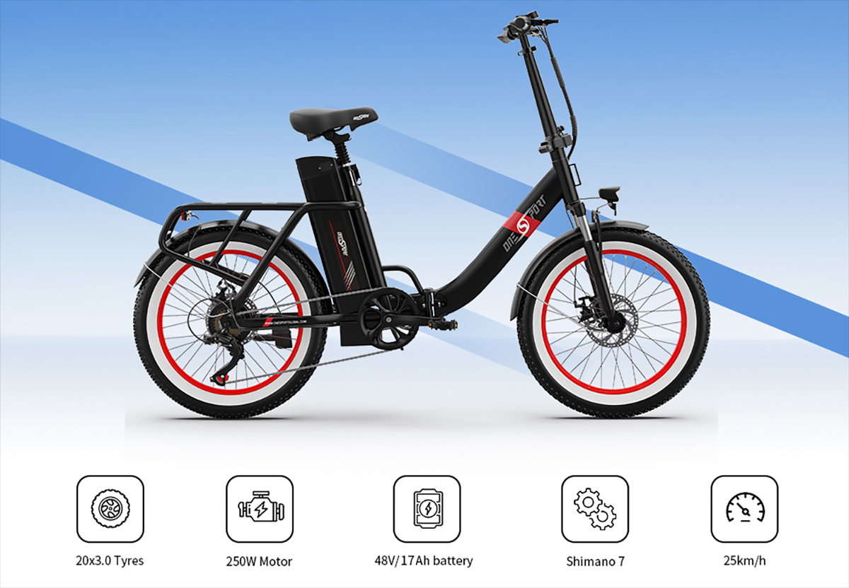 a black electric bike with red rims OneSport OT16